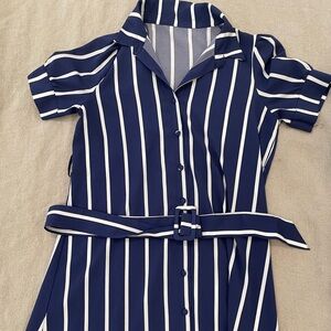 Striped Belted Dress- Navy & White